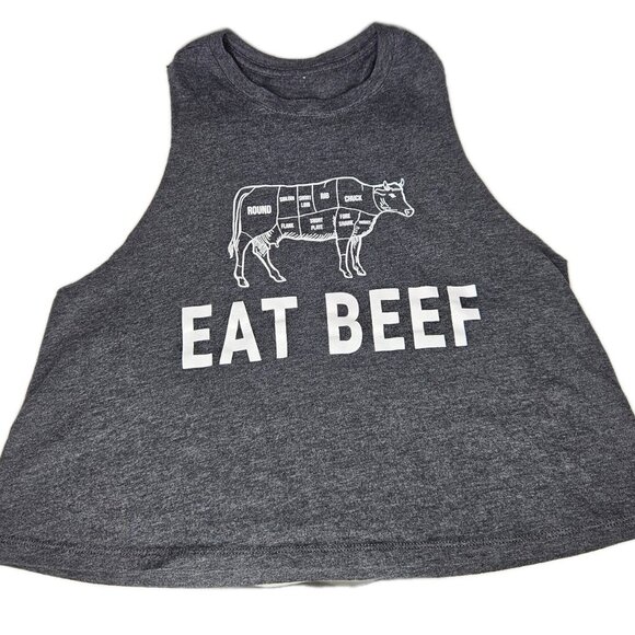 Unbranded Tops - Womens EAT BEEF Cow Graphic Cropped Racer-back  Tank Athletic, Size M/L